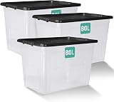 Klass Home 3 x 80 Litre Storage Boxes with Lids Set Clear Black Lid 80L
