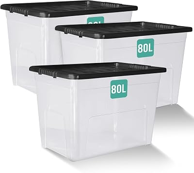 Klass Home 3 x 80 Litre Storage Boxes with Lids Set Clear Black Lid 80L