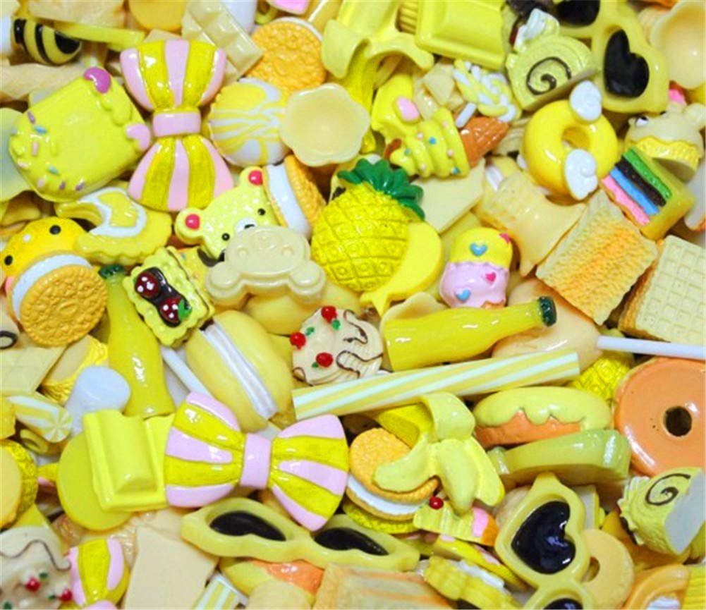 Random 30pcs Cute Candy Resin Charms Beads Fruit Dessert Ice Cream Plastic Slices Flatback Buttons for Handcraft Accessories Scrapbooking Phone Case Decor(Yellow)