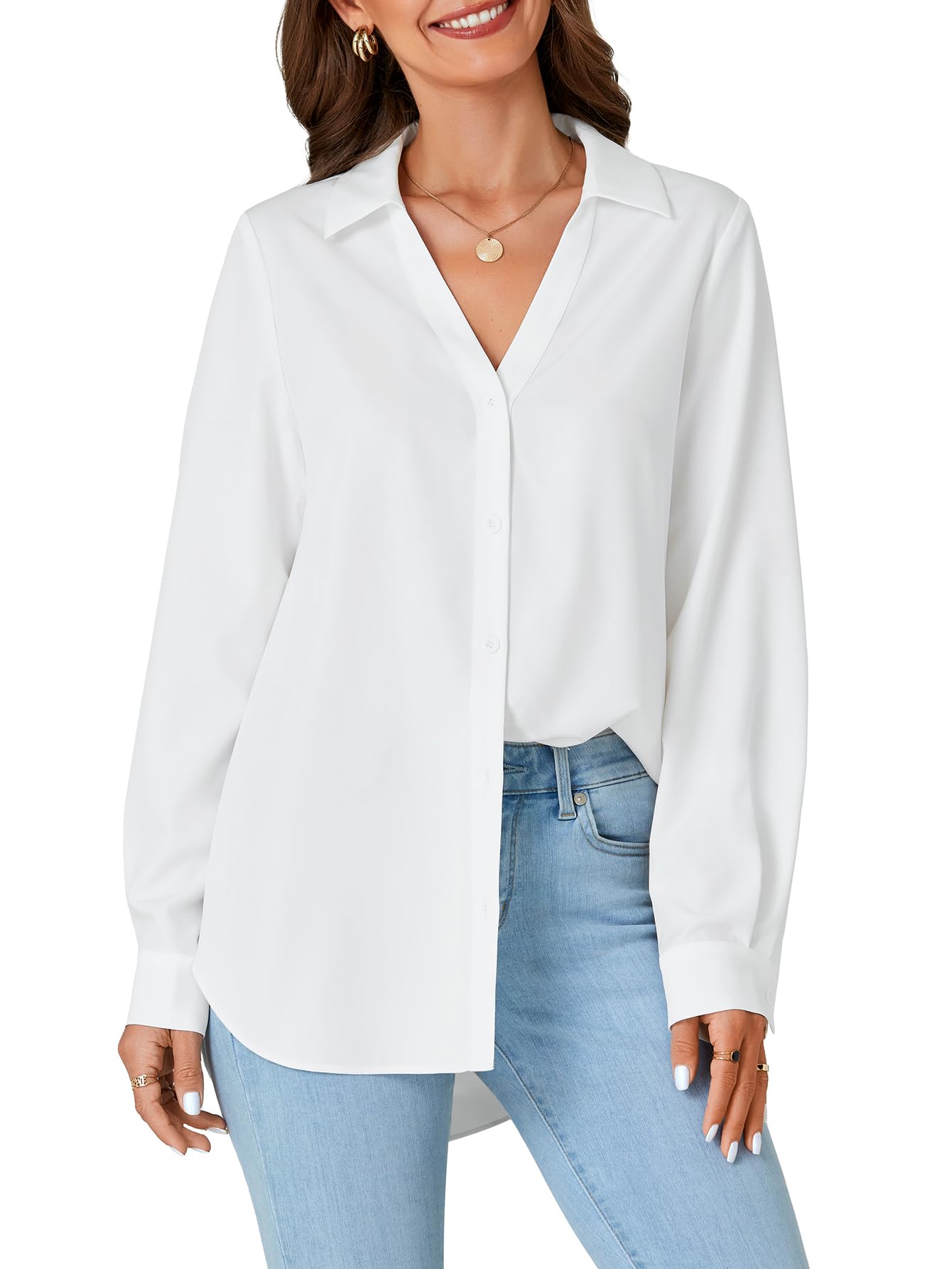 Photo 1 of LYANER Women's Collar V Neck Button Down Long Sleeve Casual Work Office Blouse Shirts Top White X-Small
