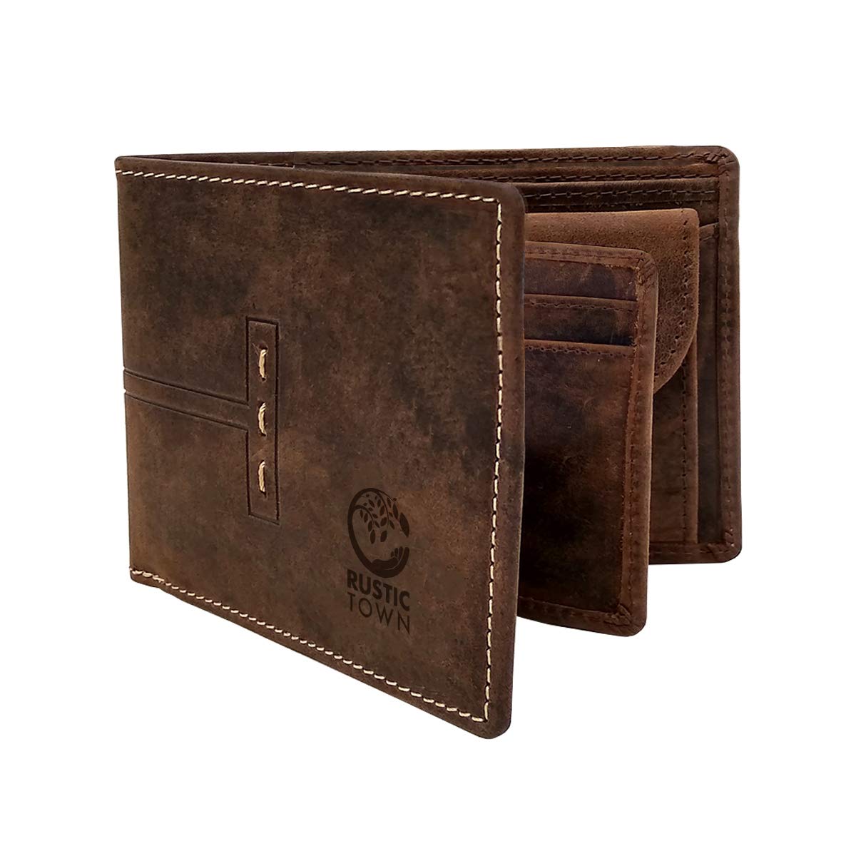 Rustic Town Men Leather Wallet | Full Grain Leather RFID Gents Wallet | Handmade Bifold Travel Coin Purse with Credit Card Slots | Presents for Men