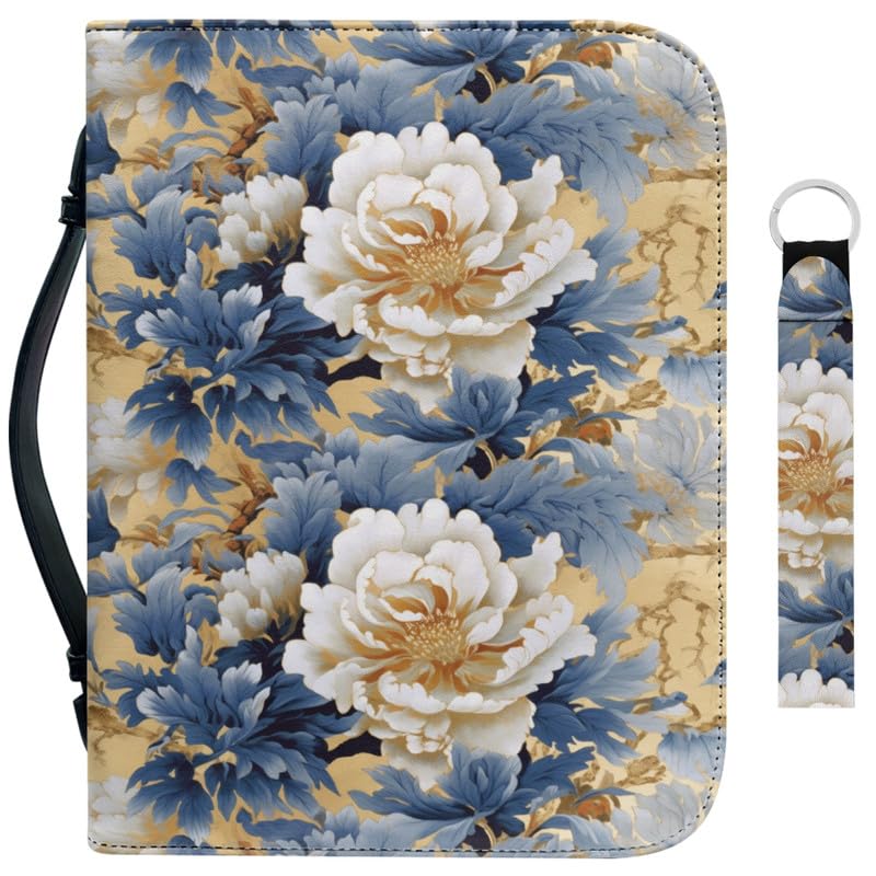 Garronmavis Boho Peony Bible Cover Flowers Painting Bible Case Floral Painting Bible Tote with Matched Leather Keychain - XL
