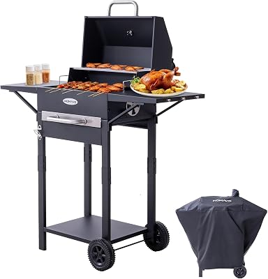 Barbecue a carbone con coperchio e copertura, Grill 2 in 1 compatto per balcone, Termometro integrato, Griglia mantenimento, Protezione esterno e facile da riporre