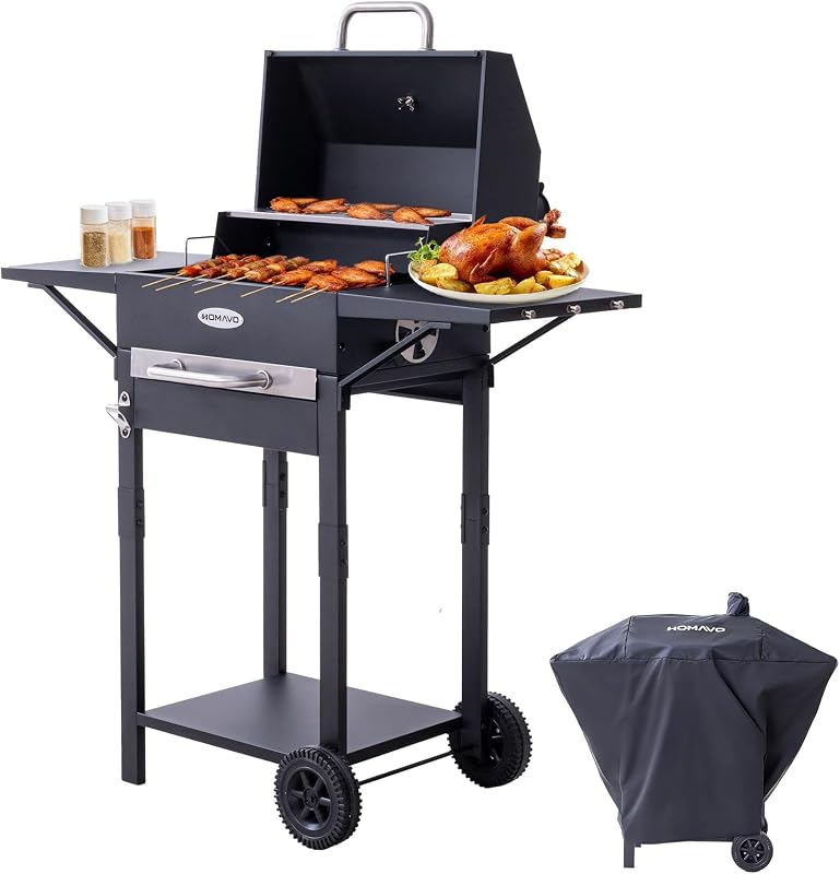Barbecue a carbone con coperchio e copertura, Grill 2 in 1 compatto per balcone, Termometro integrato, Griglia mantenimento, Protezione esterno e facile da riporre