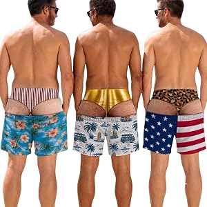 Custom Funny Mens Swim Trunks, Fake Hairy Booty Beach Shorts for Him (1) | Novelty Patriotic American Flag Swim Shorts With Q