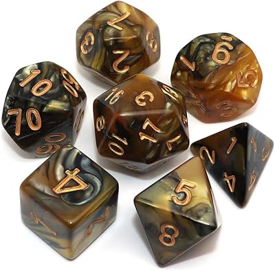 CREEBUY DND Polyhedral Dice Set 7Pcs Brown Black Gold Numbers with Pouch