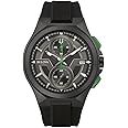 Bulova Men's Maquina Sport Black Ion-Plated Stainless Steel Case, 6-Hand Chronograph Quartz Watch with Matte Black Silicone Strap, Sapphire Crystal, Black Strap/ Green Accents