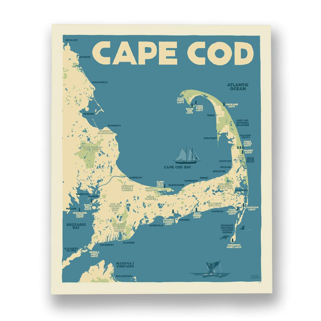 Cape Cod Map Print (8x10 Giclee Poster, Wall Decor Art) Handmade