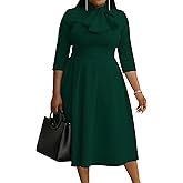 FANDEE Midi Dress for Women Casual 3/4 Sleeve Semi Formal Fit and Flare Dress Classy Tie Neck Work Business Dresses