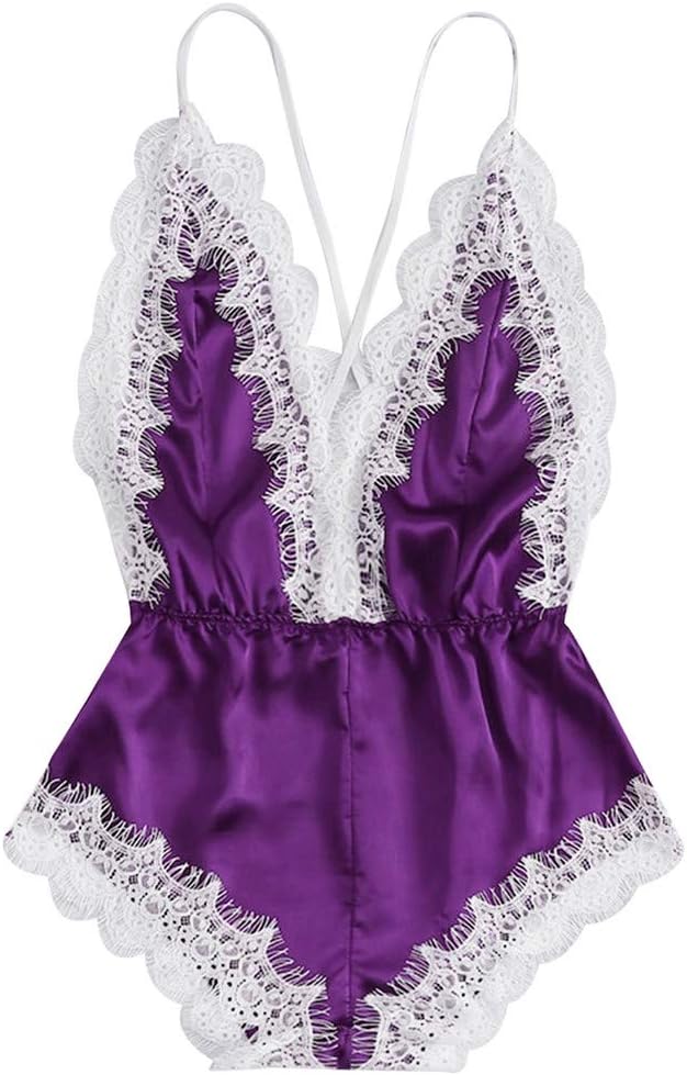 Fashion Sissy Women Sexy Lingerie Girl V-Neck Lace Splice Bodysuit Patchwork Strap Nightwear Chemise Nightgown Slip Sleepwear