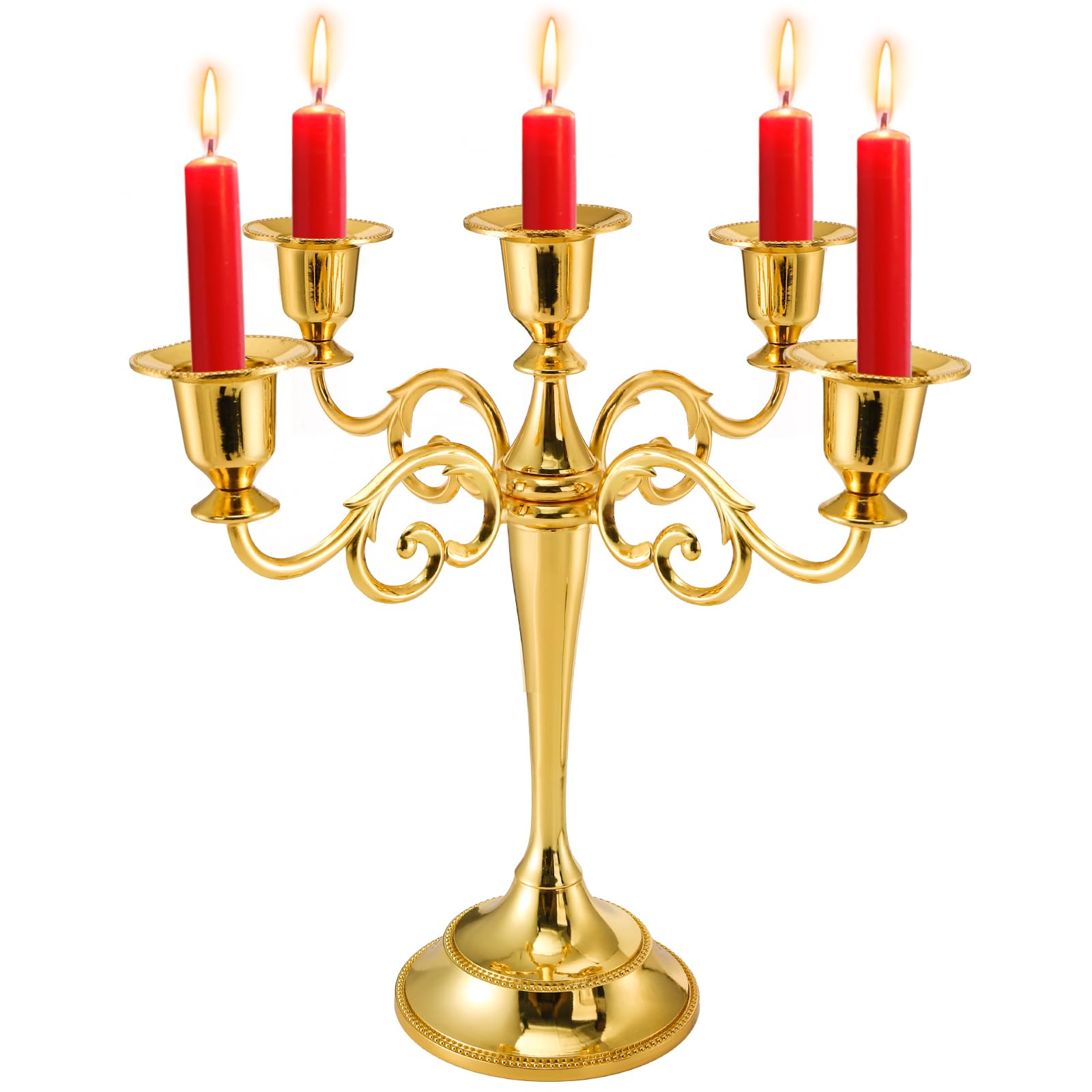 YOUEON 10In Metal Candle Holder with 5 Arms Candelabra Centrepiece Gold Candelabra Candle Holder Candlestick Holder for 1 Inch Diameter Pillar Candles Antique Candle Stand for Wedding Party Home Decor