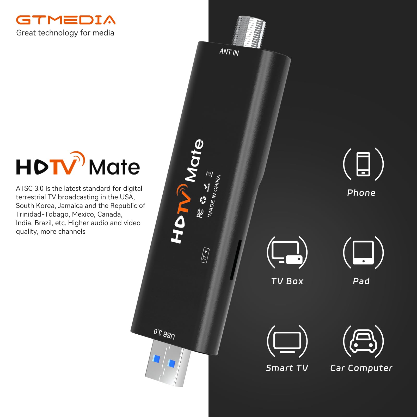 USB TV Tuners Next-Gen ATSC 3.0 / ATSC 1.0 Stick for Multiple-Android Phone Tablet Car Computer USB 3.0 Digital TV Tuners with DVR Recording Support HDTV Player Android App