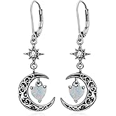 Flpruy Moon Star Birthstone Dangle Drop Earrings for Women 925 Sterling Silver Black Crescent Moon Celestial Heart Earrings Hypoallergenic Gothic Jewelry Birthday Gifts