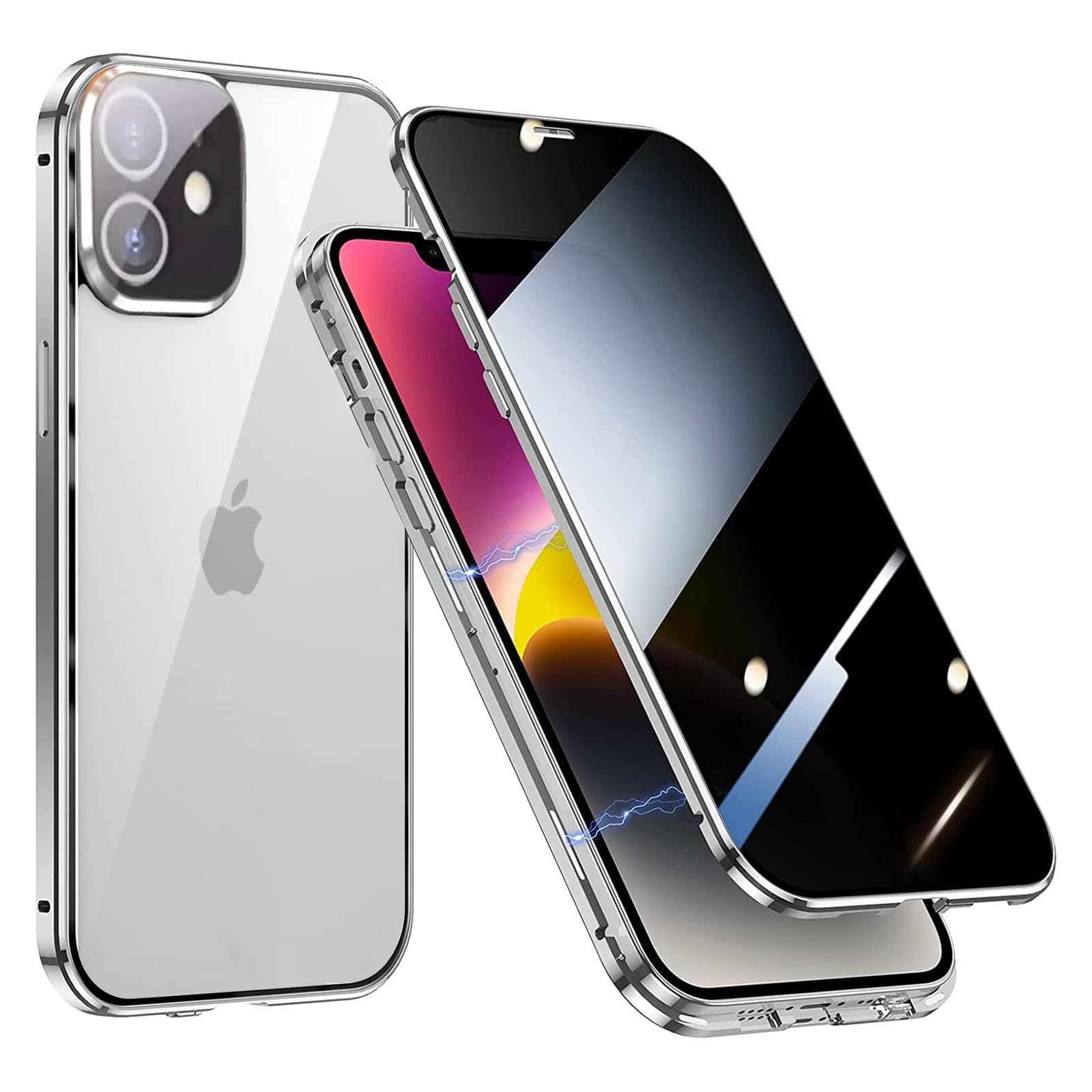 Privacy Case for Apple iPhone 11,360 Degree Full Body Protection Anti-peeping Tempered Glass Cover,Anti Spy Screen Protector,Anti Peep Magnetic Adsorption Metal Cover+Camera Lens Protector-Silver