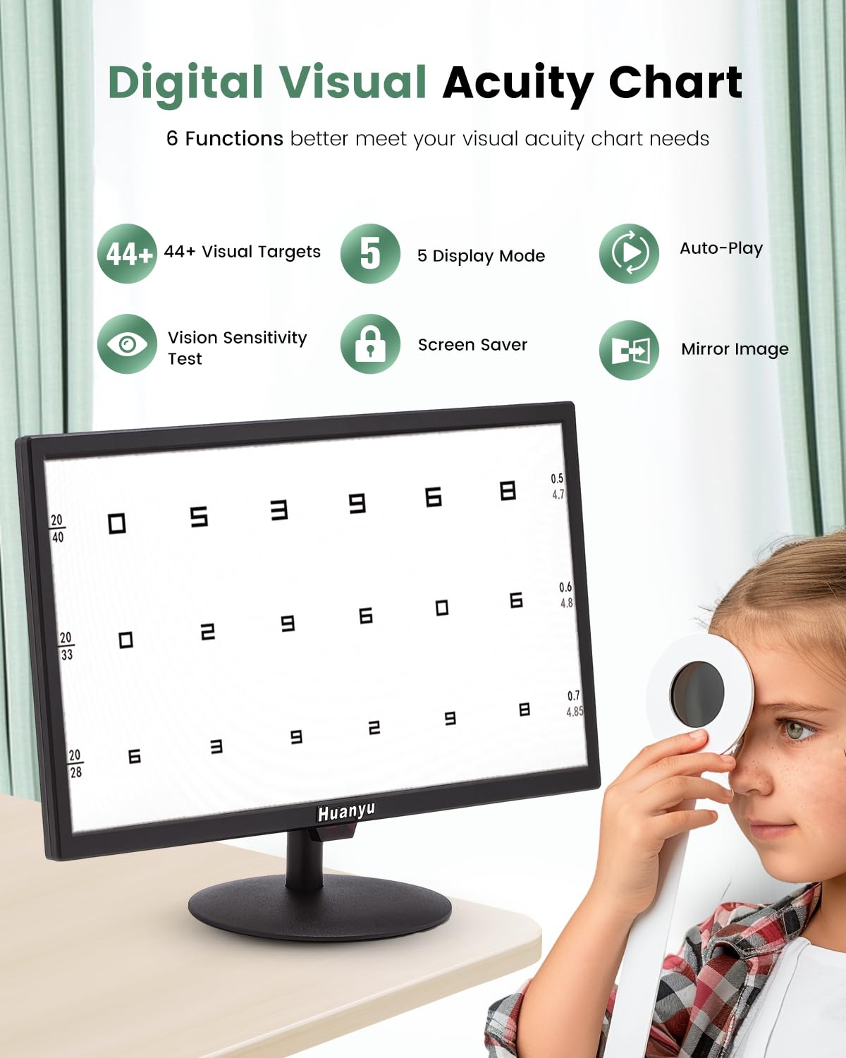 Huanyu Visual Acuity Chart Digital 23inch LCD Electronic Optical Eye Charts with 44+ Visual Targets and 5 Display Methods Optometry Tester Projector with Remote