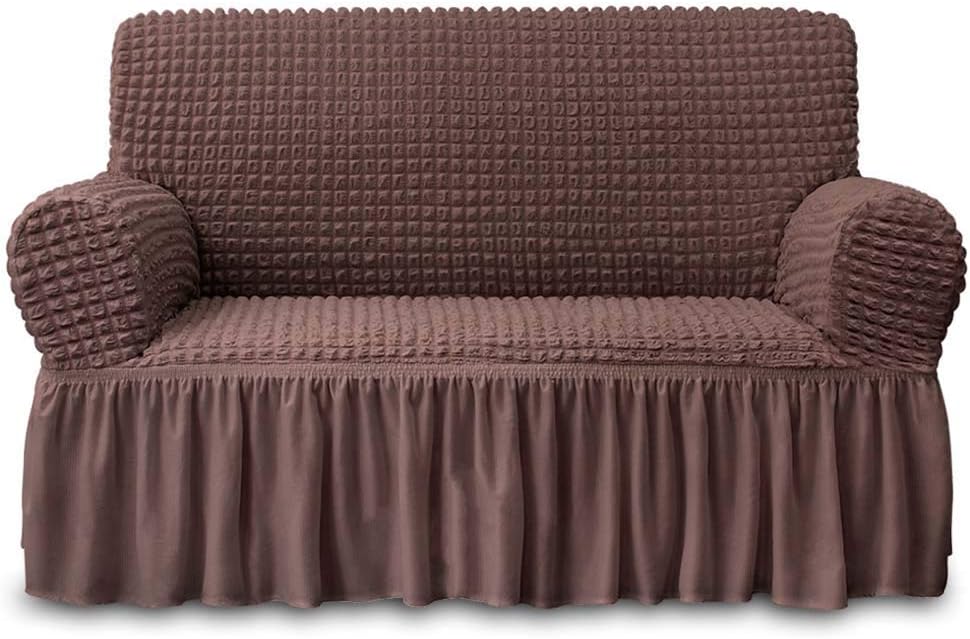 Slipcovers - NICEEC Loveseat Slipcover Brown Loveseat Cover 1 Piece Easy Fitted Sofa Couch Cover Universal High Stretch Durable Furniture Protector Love Seat with Skirt Country Style (2 Seater Chocolate Brown)