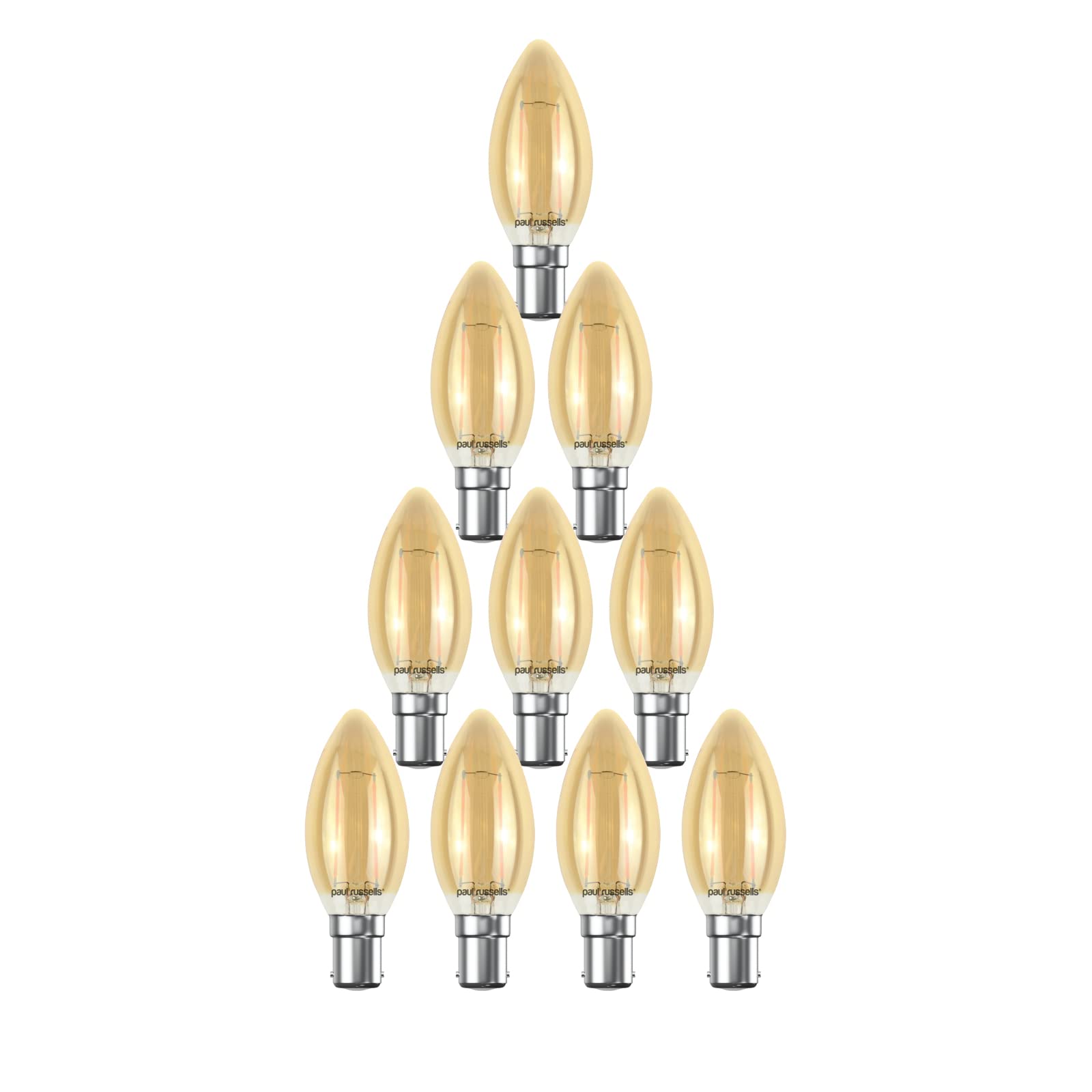 paul russells LED Candle Filament Light – 2.5W 20W Equivalent Replacement, 200LM Lumens, 2200K Extra Warm White, SBC B15 Small Bayonet Cap C35 Bulbs – Energy Saving Non-Dimmable Lamps - Pack of 10