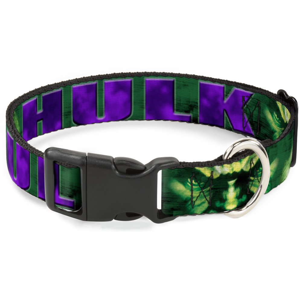 Buckle-Down Plastic Clip Collar - HULK Face CLOSE-UP/Action Pose Greens/Purples — image 1