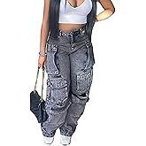 Baczoe Women's Baggy Cargo Jean High Waisted Y2K Distressed Wide Leg Denim Pants with Multi Pockets Streetwear