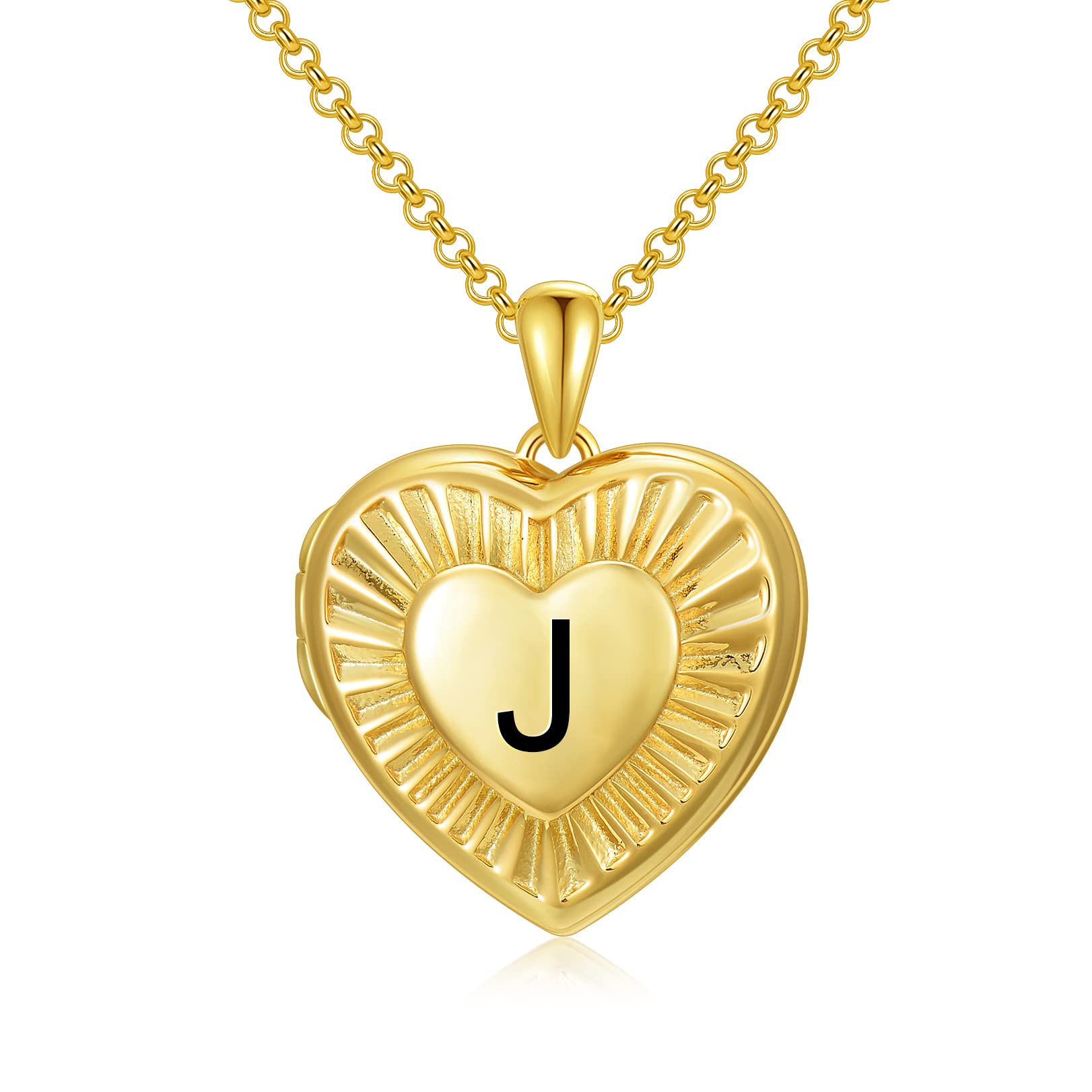 SOULMEET 18ct Gold Plated Silver Radiation Initial Heart Locket Necklace That Holds Pictures Photo Locket Necklace Alphabet J (Locket only)