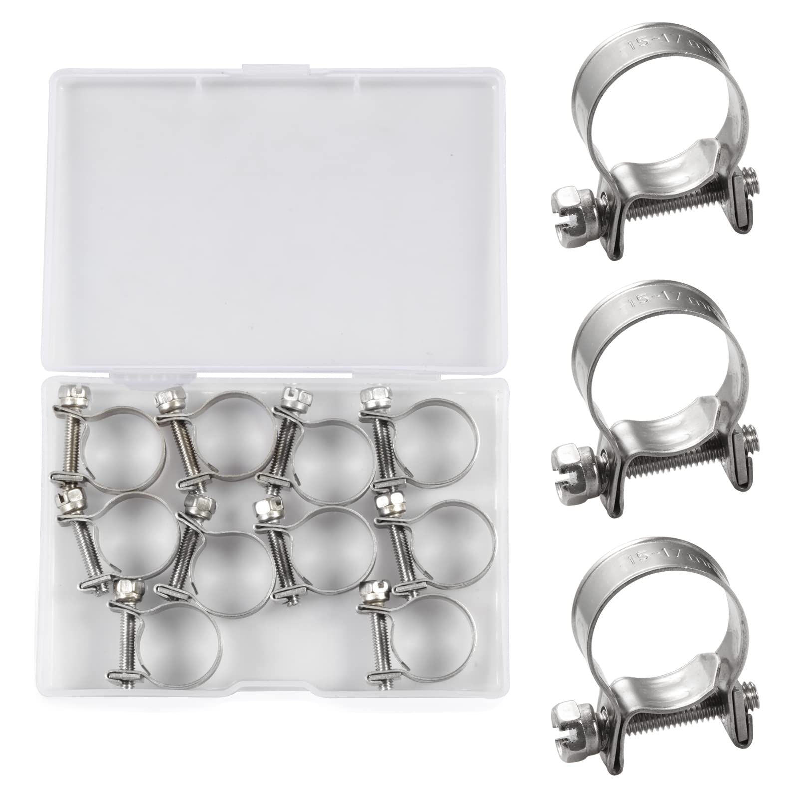 SPEEDWOX 10 Pcs Mini Fuel Injection Hose Clamps 304 Stainless Steel Adjustable Pipe Hose Clip Tube Clamps Set with Storage Box for Diesel Petrol Pipe Automotive Plumbing (15-17mm)