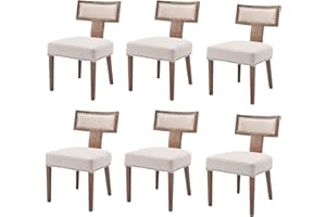 RIVOVA Mid Century Modern Dining Chairs Set of 6 Linen Fabric Upholstered Kitchen Side Chairs with Nailhead Trim, Modern Kitchen Armless Solid Wood Dining Chairs, Beige