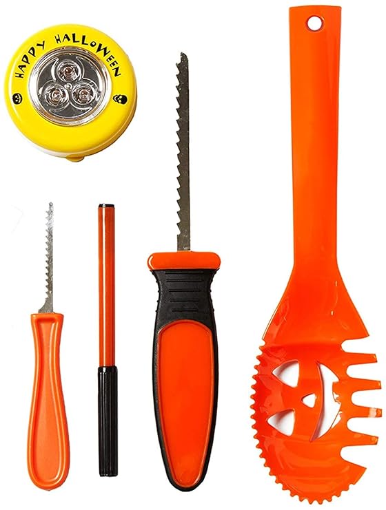 Heitmann Deco Halloween Kürbis-Schnitzset 14-teilig - Schnitz-Werkzeuge - inkl. Schnitz-Vorlagen und LED-Licht mit Funktion -