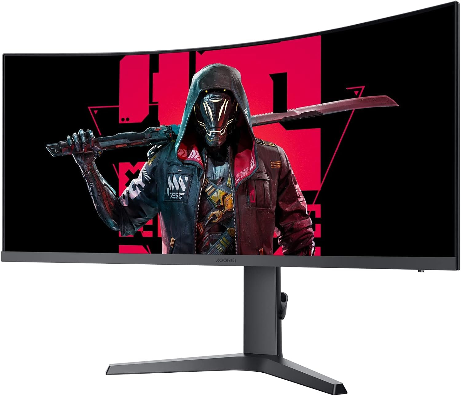 KOORUI 34E6UC 34 Zoll Ultrawide Curved Gaming Monitor, PC Bildschirm 200Hz, 1MS HDR 400, 1000R, UWQHD 3440x1440, Adaptive Sync, 2xHDMI & Display Port, VESA 75x75mm, DCI-P3 90% Höhenverstellbar 2