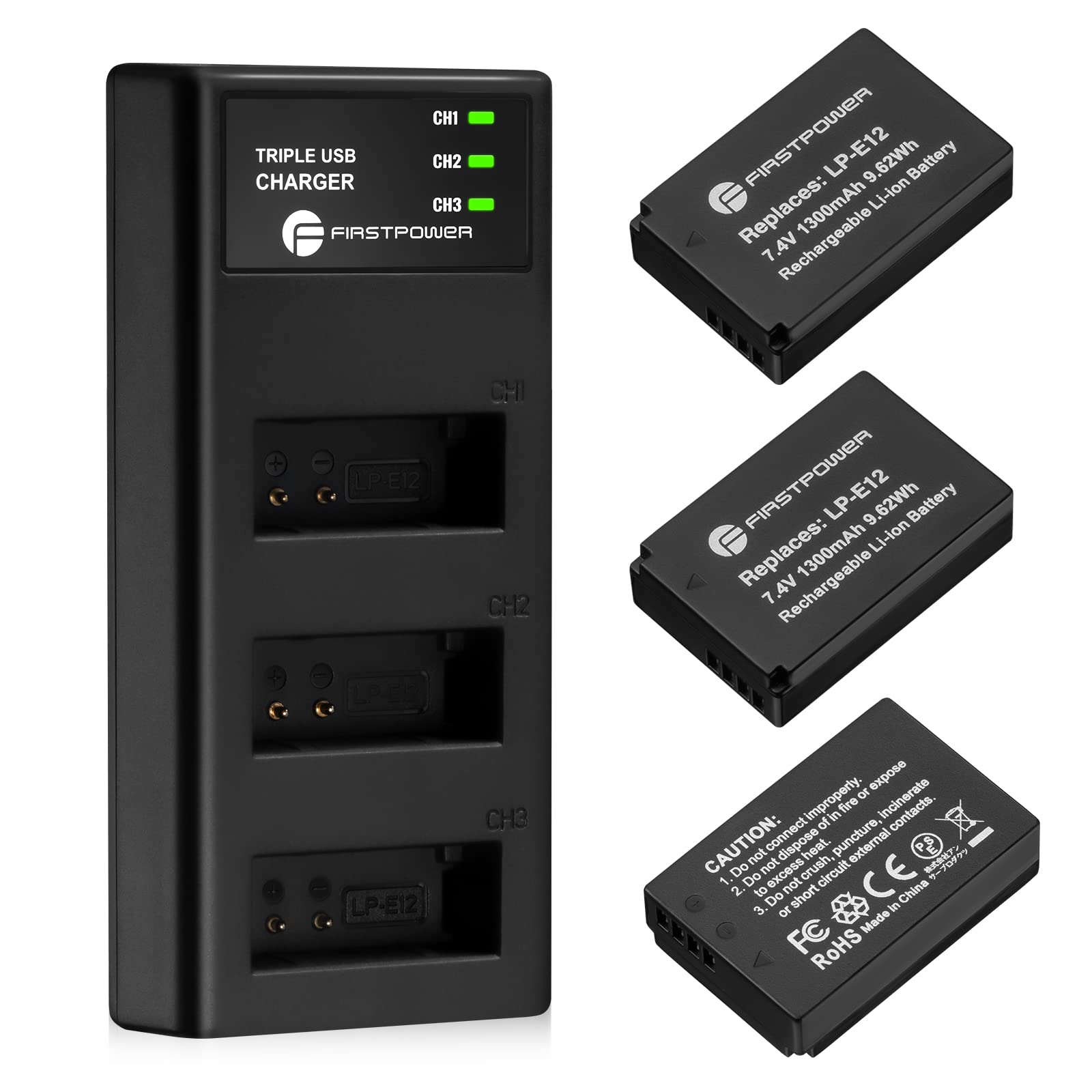 Photo 1 of FirstPower LP-E12 Battery 3-Pack and Triple Slot Charger for Canon EOS M50, M50 Mark II, M, M2, M10, M100, M200, Rebel SL1, PowerShot SX70 HS Digital Cameras