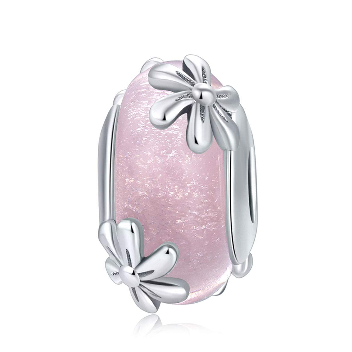 Murano Glass Bead Sterling Silver Core Charms For Pandora Charm Bracelets (Pink Flower Charms)