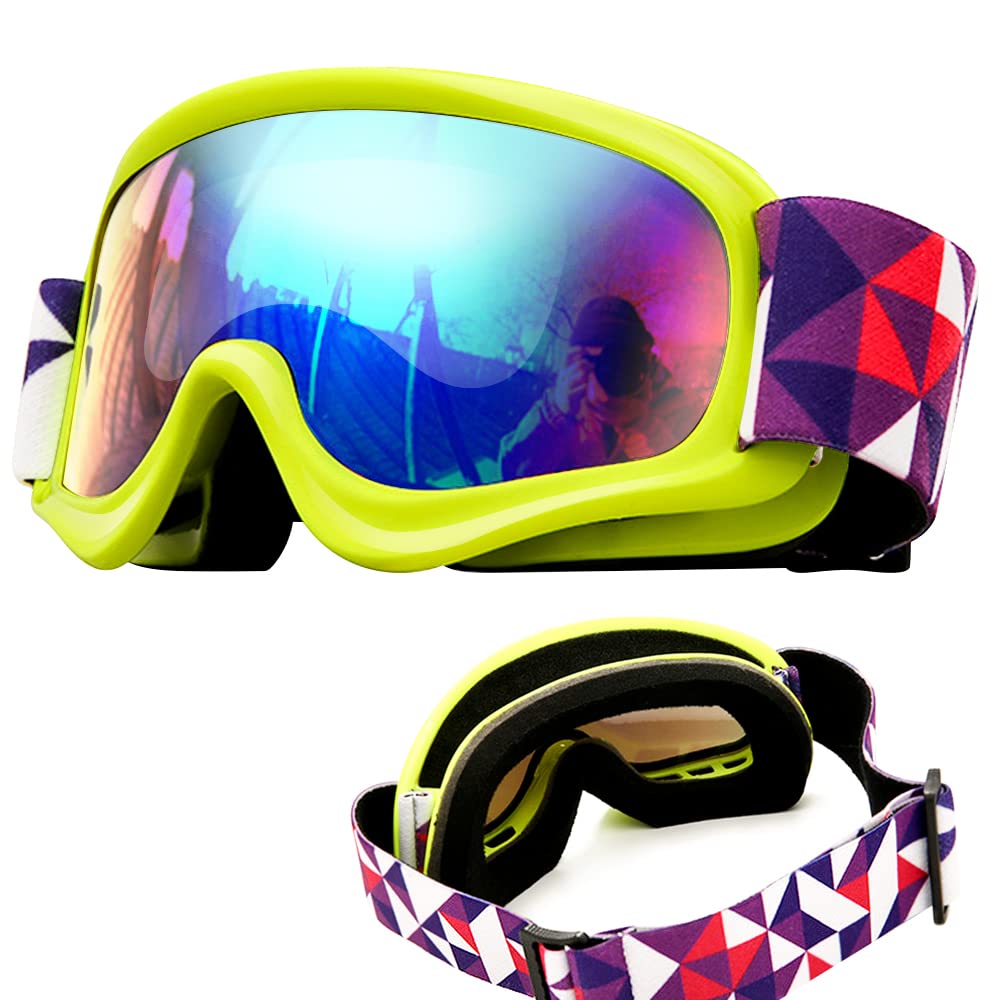 Tyuodna Kid Ski Goggles, 100% UV Protection Anti-fog Skiing Snowboard Goggles, Skiing Snowboarding Goggles of Dual Lens for 3-12 Years Boys and Girls, for Cycling Riding/Climbing/Skiing (Green)