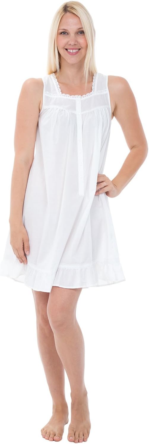 Womens 100% Cotton Lawn Nightgown, Sleeveless Button Up Ruffled Sleep Dress