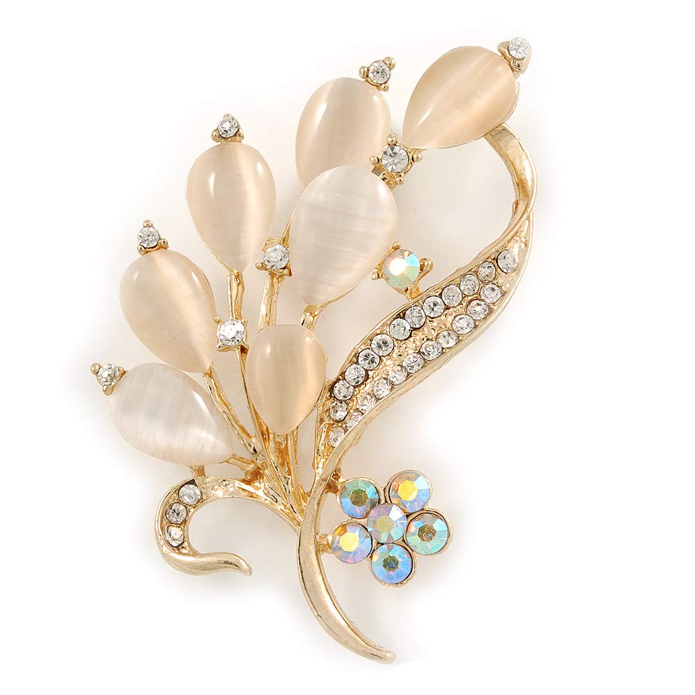 Neutral Cat Eye Stone, Crystal Floral Brooch In Gold Tone Metal - 55mm L