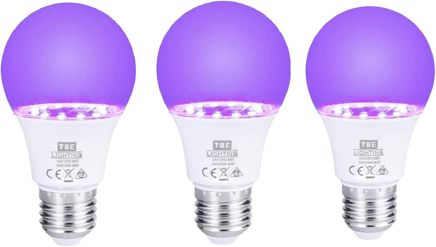TBE LIGHTING UV LED Bulbs, 3 Pack, 9w Ultra Violet Black Light Bulbs, E27 Standard Screw Fitting, 395-400nm wavelength