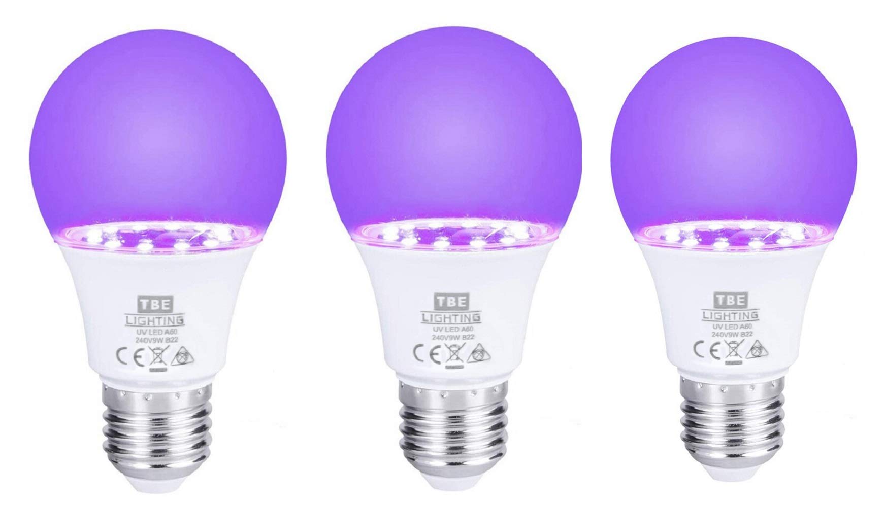 TBE LIGHTING UV LED Bulbs - 3 Pack - 9w Ultra Violet Black Light Bulbs - E27 Standard Screw Fitting - 395-400nm wavelength, Energy Saving Long Life LED A60 Bulb - 20,000Hrs Life Expectancy