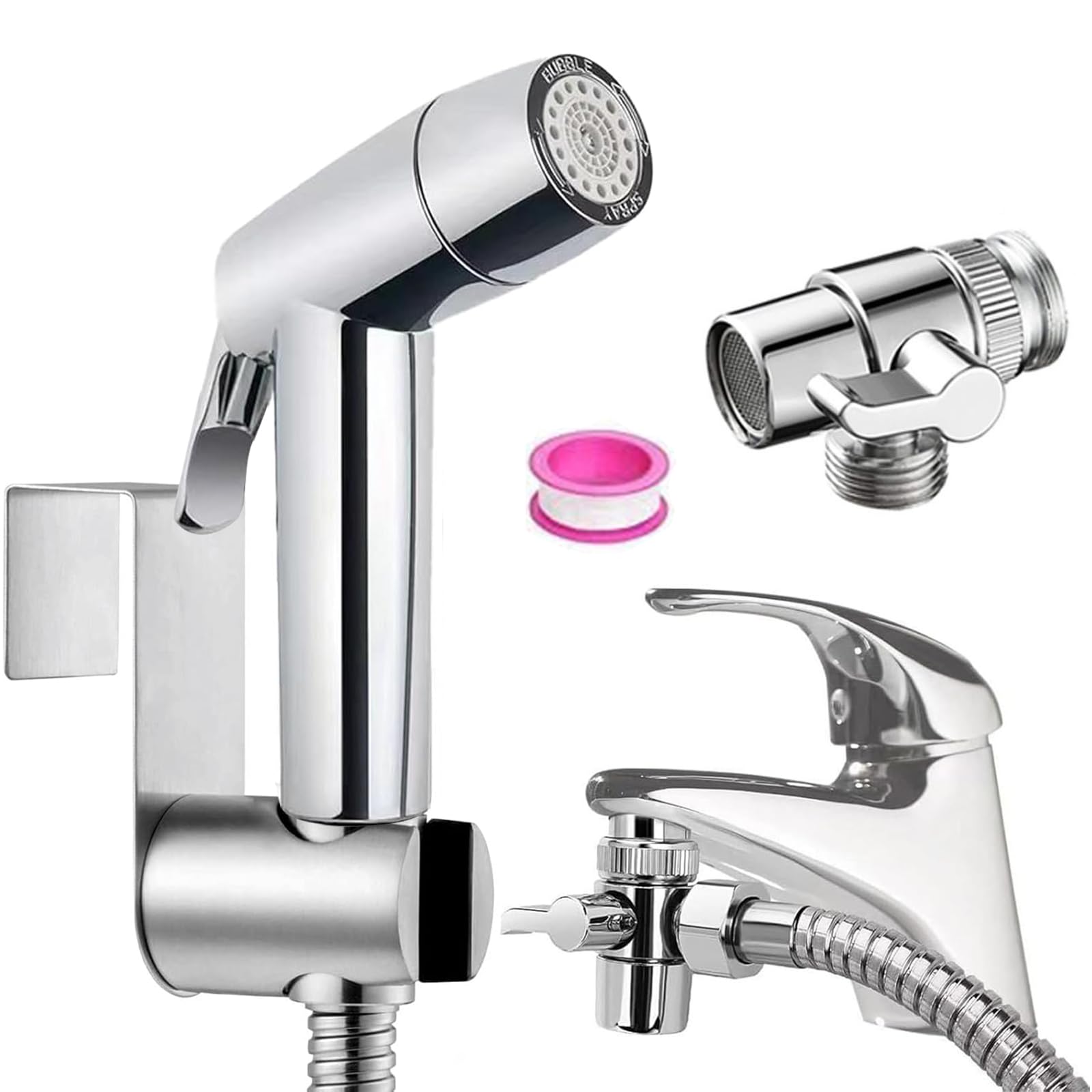 Handheld Bidet Sprayer Toilet Bathroom Douche Cloth Washing Diaper Cleaning Shower Head with with 2 Way Shower Diverter, 59 inches Shower Hose and Hand Shower Holder