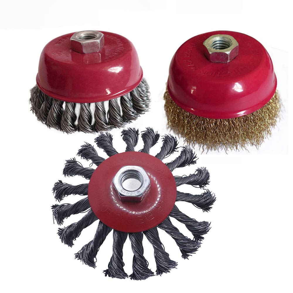 Kagni 3pcs Wire Brush Set for Angle Grinder - 100mm Twist Knot Wire brush + 100mm Brassed Steel Crimp Cup + 115mm Crimp Bevel Brush for Remove Paint Scale Rust Deburring ( M14 Thread )