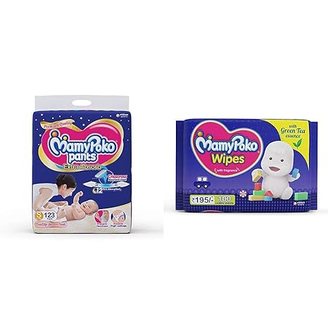 MamyPoko Pants Extra Absorb Diapers Monthly Pack, Small (Pack of 123) & MamyPoko Wipes with Green Tea Essence - Pack of 100 * 2 Wipes with Fragrance (100 * 2 = 200 Wipes)
