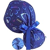 Scrub Caps Women Satin Lined Ponytail, Blue Heart Adjustable Scrub Hats Women with Buttons and Sweatbands, Practical Ponytail Holder Design with Bow Ribbon Soft Smooth