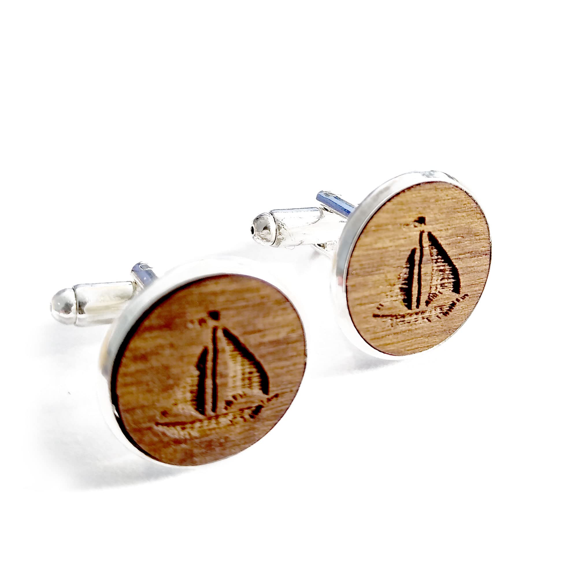 Boat Cufflinks, Handmade Engraved Wooden Birthday Gift, 5th Wedding Anniversary Present, With Gift Box
