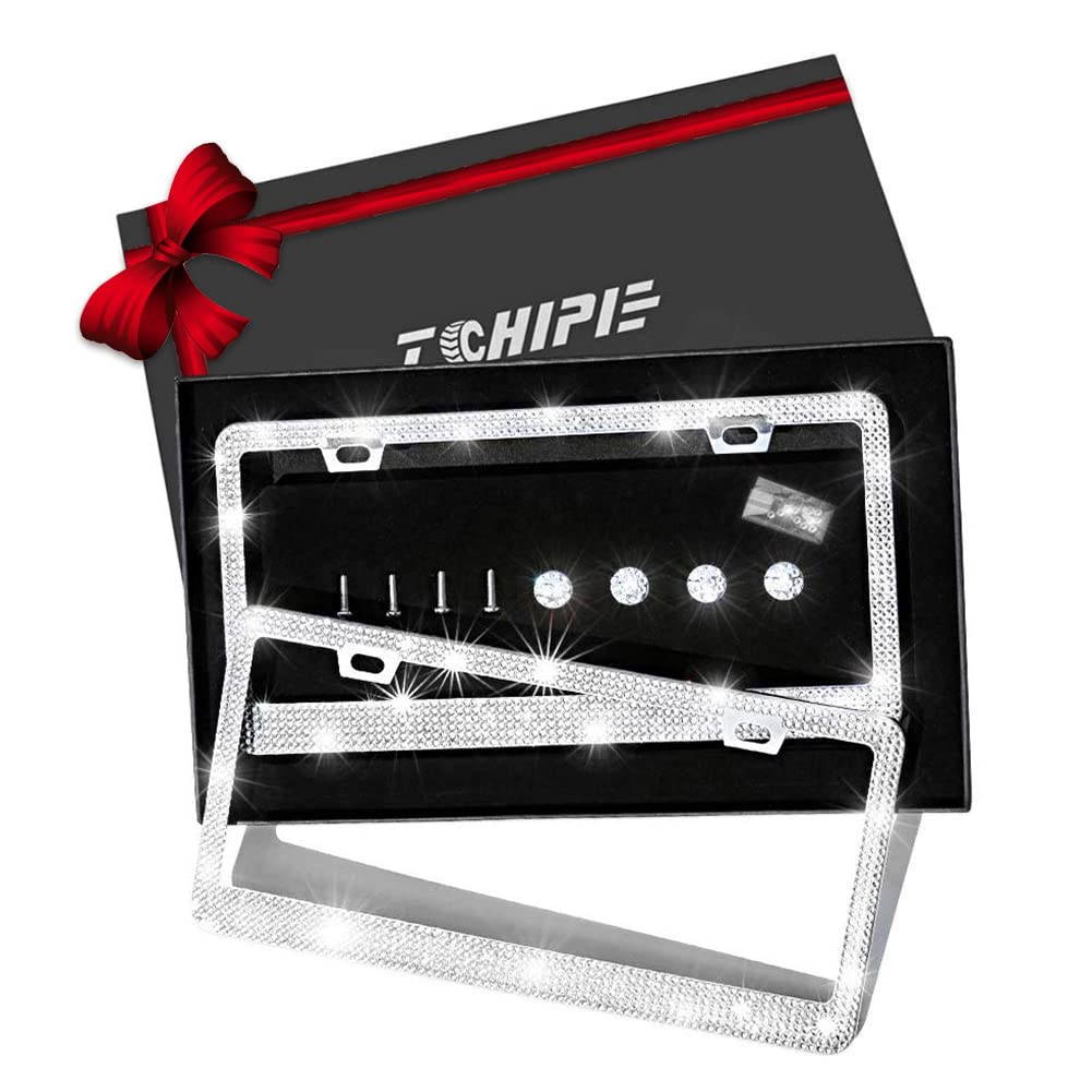 Photo 1 of Tchipie 2 Pack Bling Rhinestone License Plate Frames for Women Girl, Bedazzled Sparkly Cute Diamond Car License Plate Frame, Glitter Crystal Tag Caps with Wonderful Box, Stainless Steel Holder, White