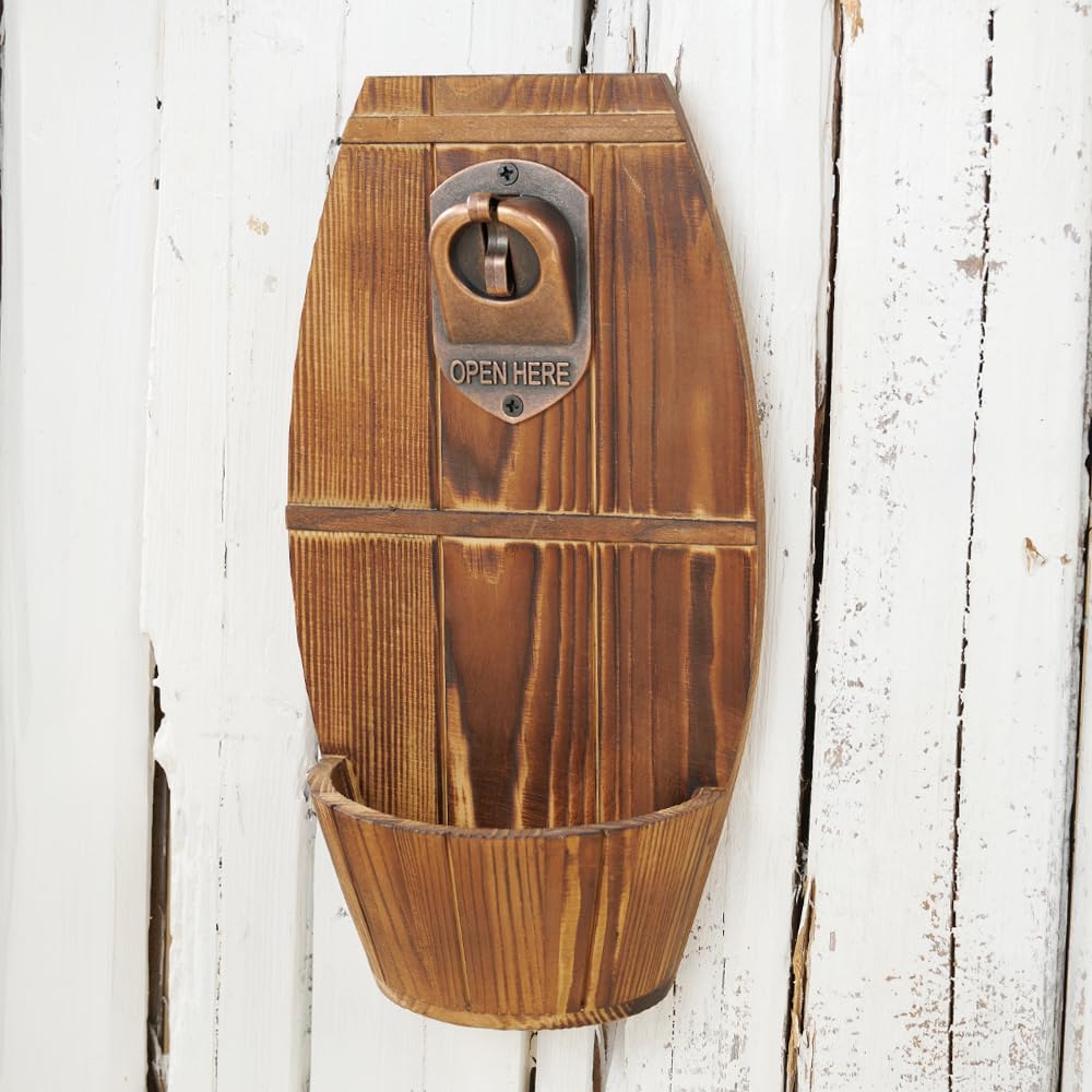 Wooden Wall Mounted Beer Barrel keg Bottle Opener, Vintage Traceless Bottle Opener with Cap Collector Catcher, Gift for Men and Beer Lovers, Use as Bar Decoration.