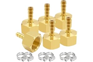 Uenede 6PCS Brass Hose Barb Fittings 1/2" NPT Female to 3/8" Barb Adapter Connector Include 6 Stainless Steel Clamps for Water/Oil/Gas
