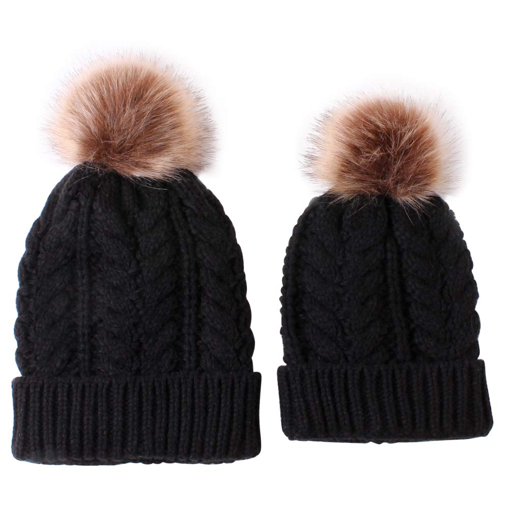 Photo 1 of 2 Pack Parent-Child Knit Hat Mother & Child Baby Family Matching Cap Winter Warm Crochet Beanie Hat with Pom Pom (Black)