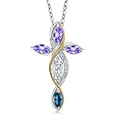 Cross Necklace For Women In 925 Silver and 10K Yellow Gold with Moissanite and Tanzanite and London Blue Topaz | 1.45 Cttw | Jesus Christian Religious Crucifix | Marquise 8X4MM | With 18 Inch Chain