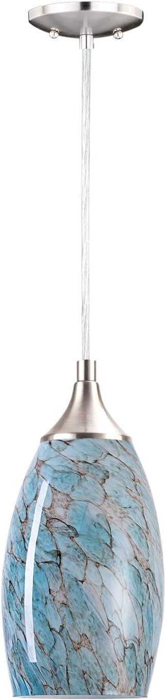 1-Light Pendant Light, Handcrafted Art Glass Hanging Light with Brushed Nickel Finished Adjustable Cord for Kitchen Island (Blue) - - 