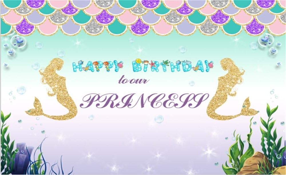 Leowefowa 5X3FT Mermaid Backdrop Happy Birthday to Our Princess Party Backdrops for Photography Golden Mermaid Water Grass Bokeh Spots Cartoon Vinyl Photo Background Girls Studio Props