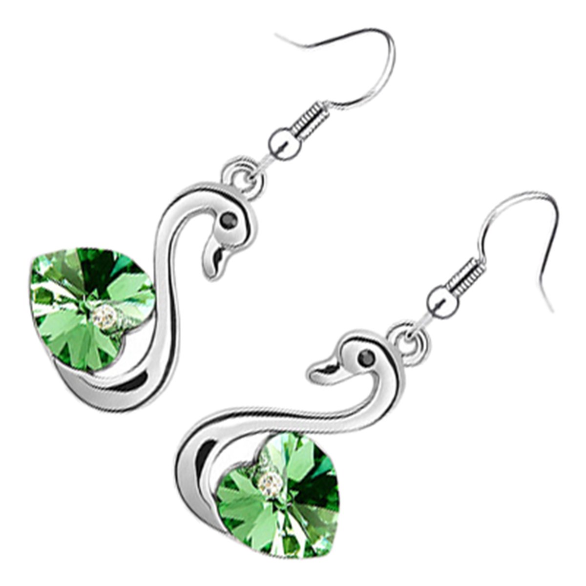 GWG Jewellery Earrings 925 Sterling Silver Coated Swan Bird with Emerald Green Heart Shaped Stone Wings in Gift Box for Women