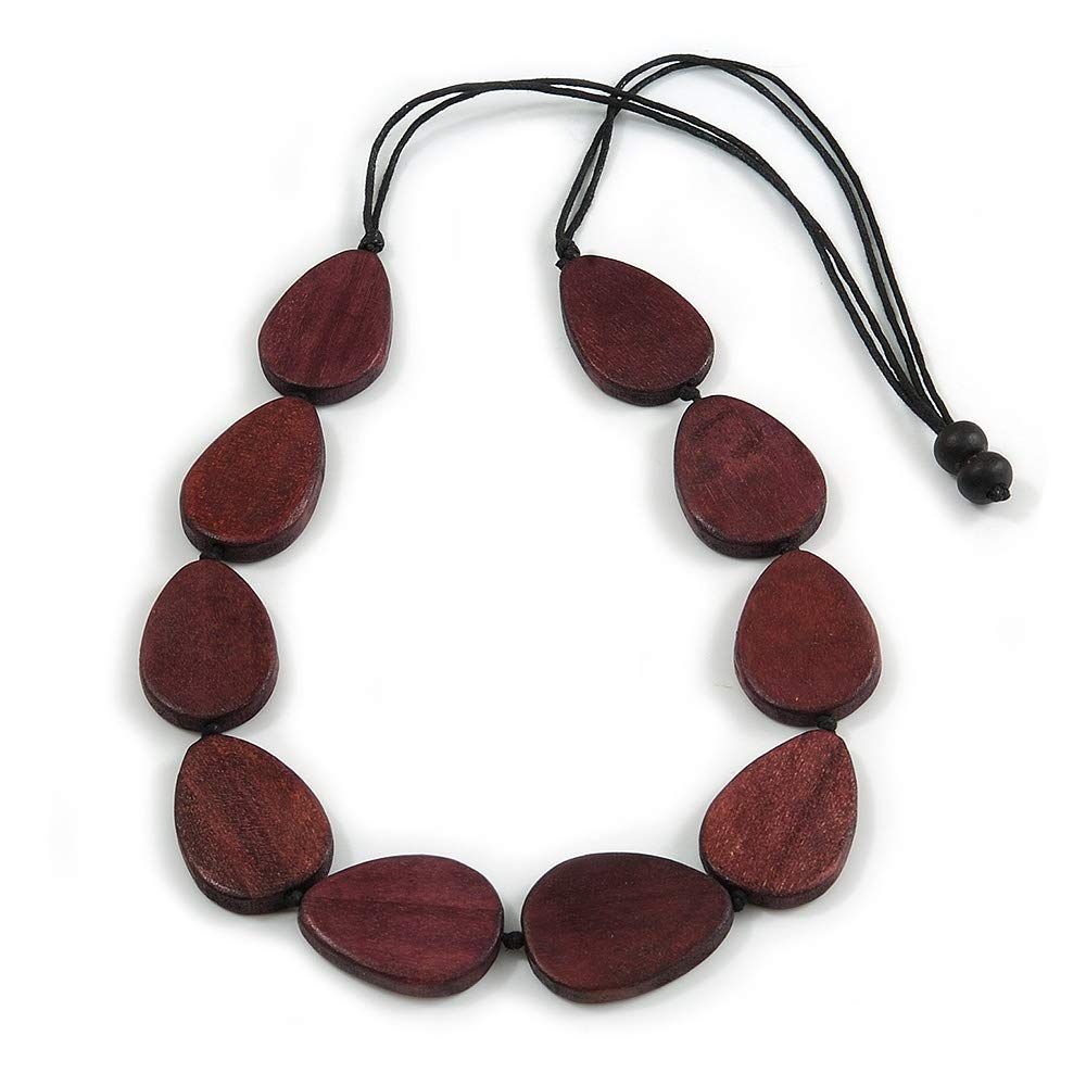 Avalaya Geometric Brown Wood Bead Black Cord Necklace - 80cm Long Adjustable