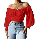 MIRACMODA Woman Off Shoulder Ruched Tie Back Lantern Sleeve Crop Tube Top Chiffon Blouse